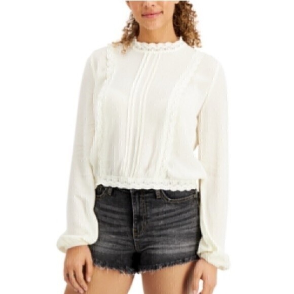 New Self Esteem Junior's Pleated Lace Trim Blouse White XS, L - Picture 5 of 6